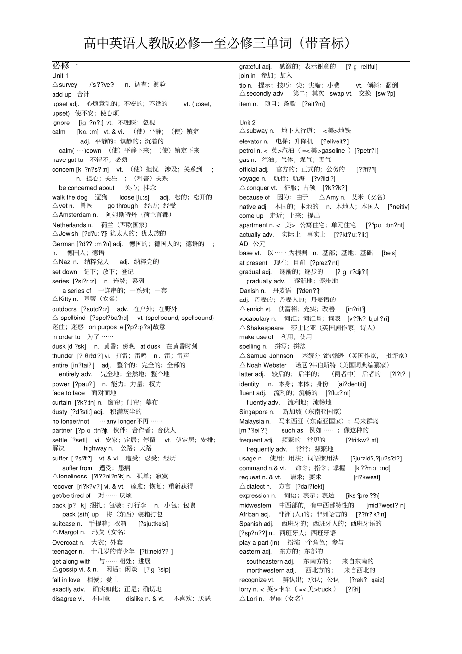 人教版高中英语必修一至必修三单词带音标汇总_第1页