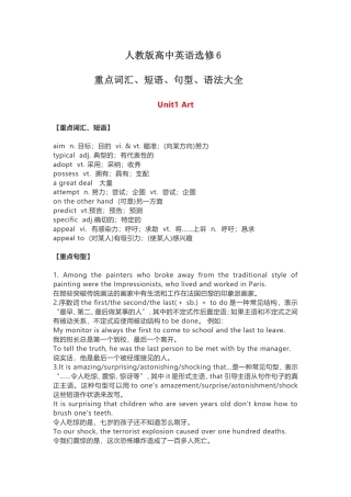 人教版高中英语选修6重点词汇、短语、句型、语法大全