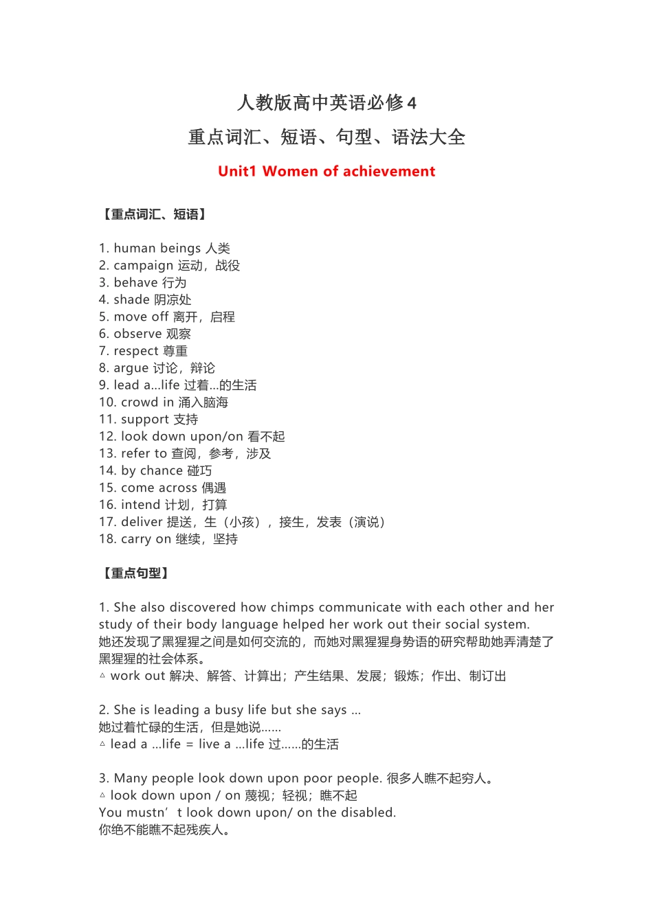 人教版高中英语必修4重点词汇、短语、句型、语法大全_第1页
