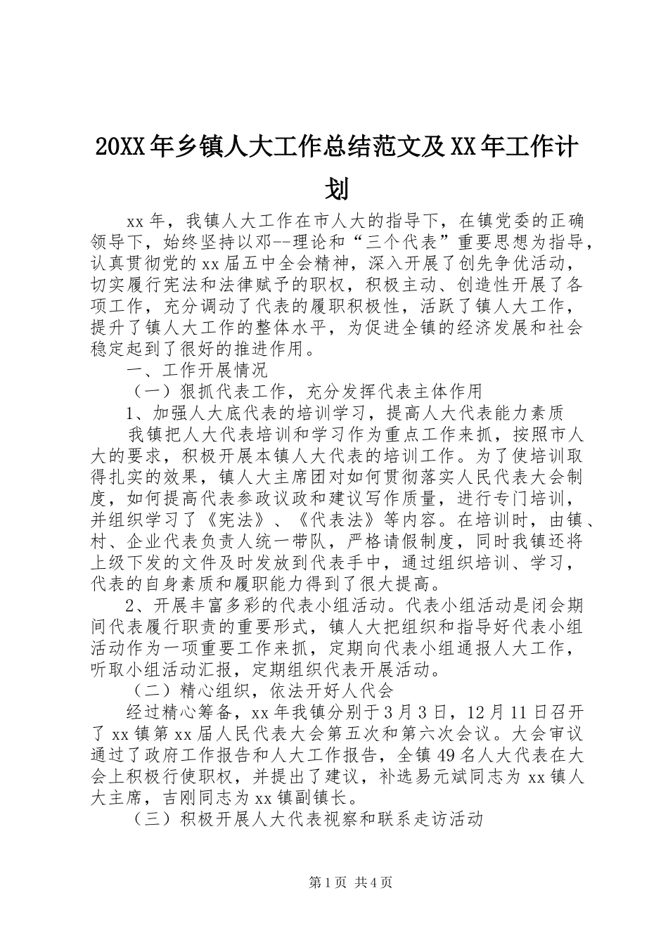 20XX年乡镇人大工作总结范文及XX年工作计划_第1页