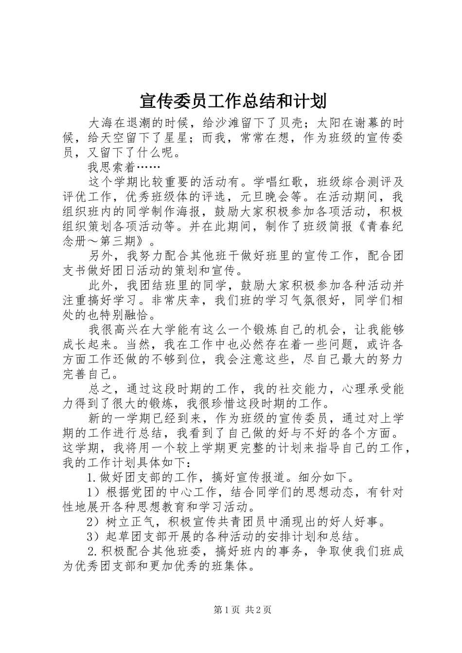 宣传委员工作总结和计划 _第1页