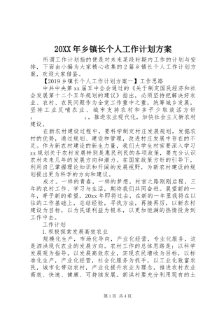 20XX年乡镇长个人工作计划方案
