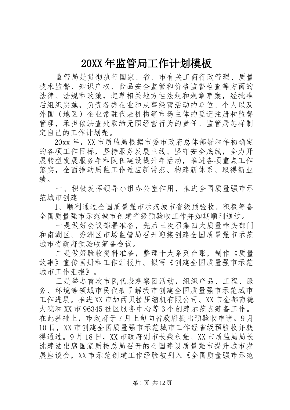 20XX年监管局工作计划模板_第1页