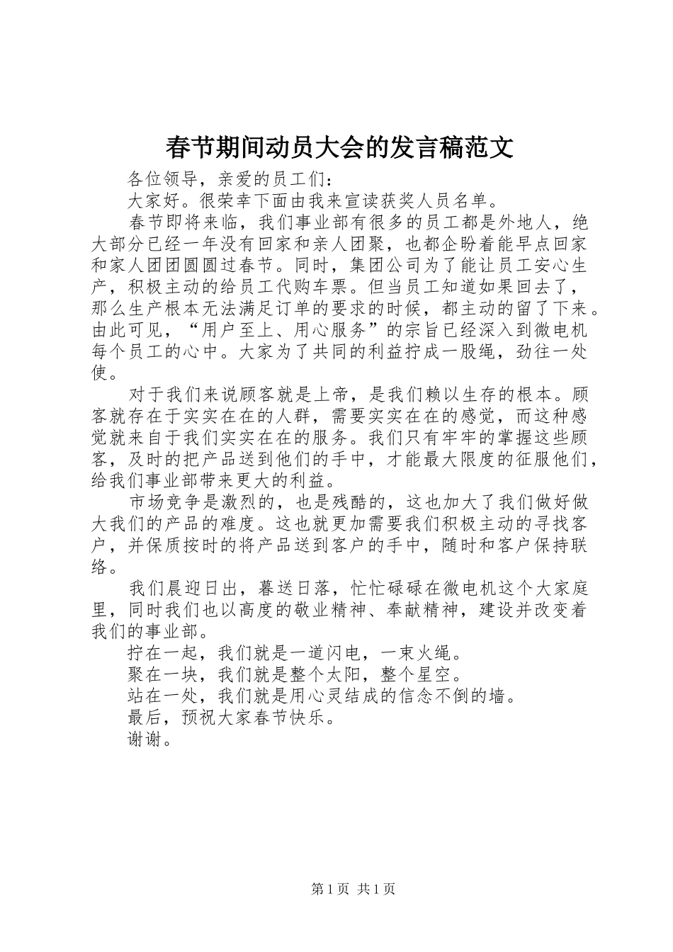 春节期间动员大会的发言稿范文_第1页