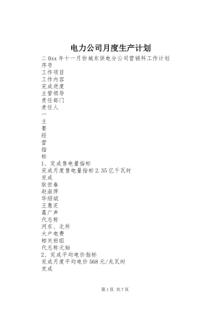 电力公司月度生产计划 