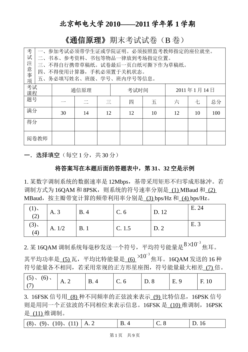 通信原理2010期末试题(B卷)0103_第1页