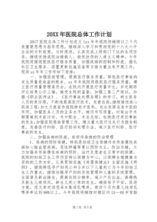 20XX年医院总体工作计划 