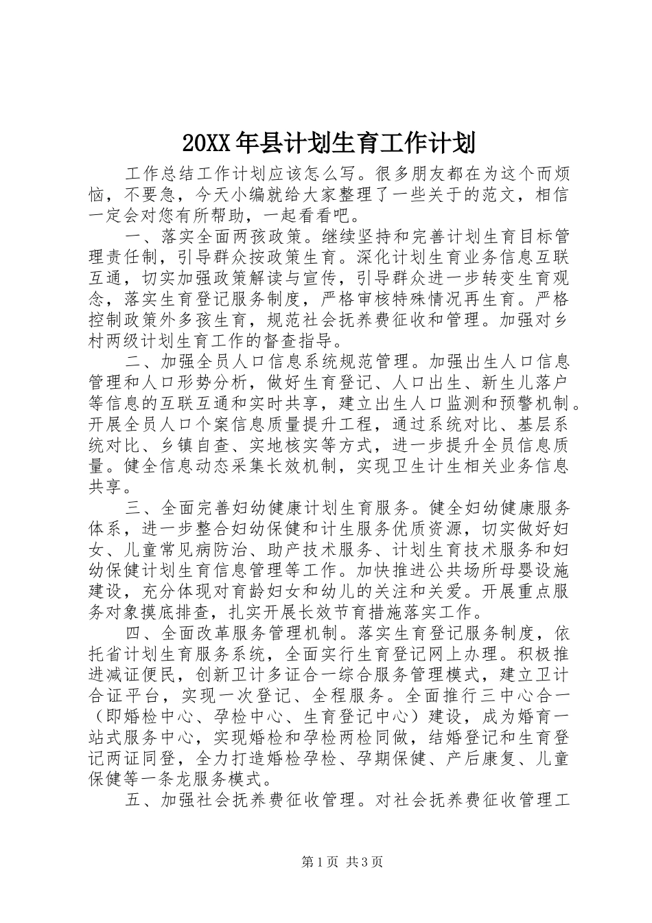 20XX年县计划生育工作计划_第1页