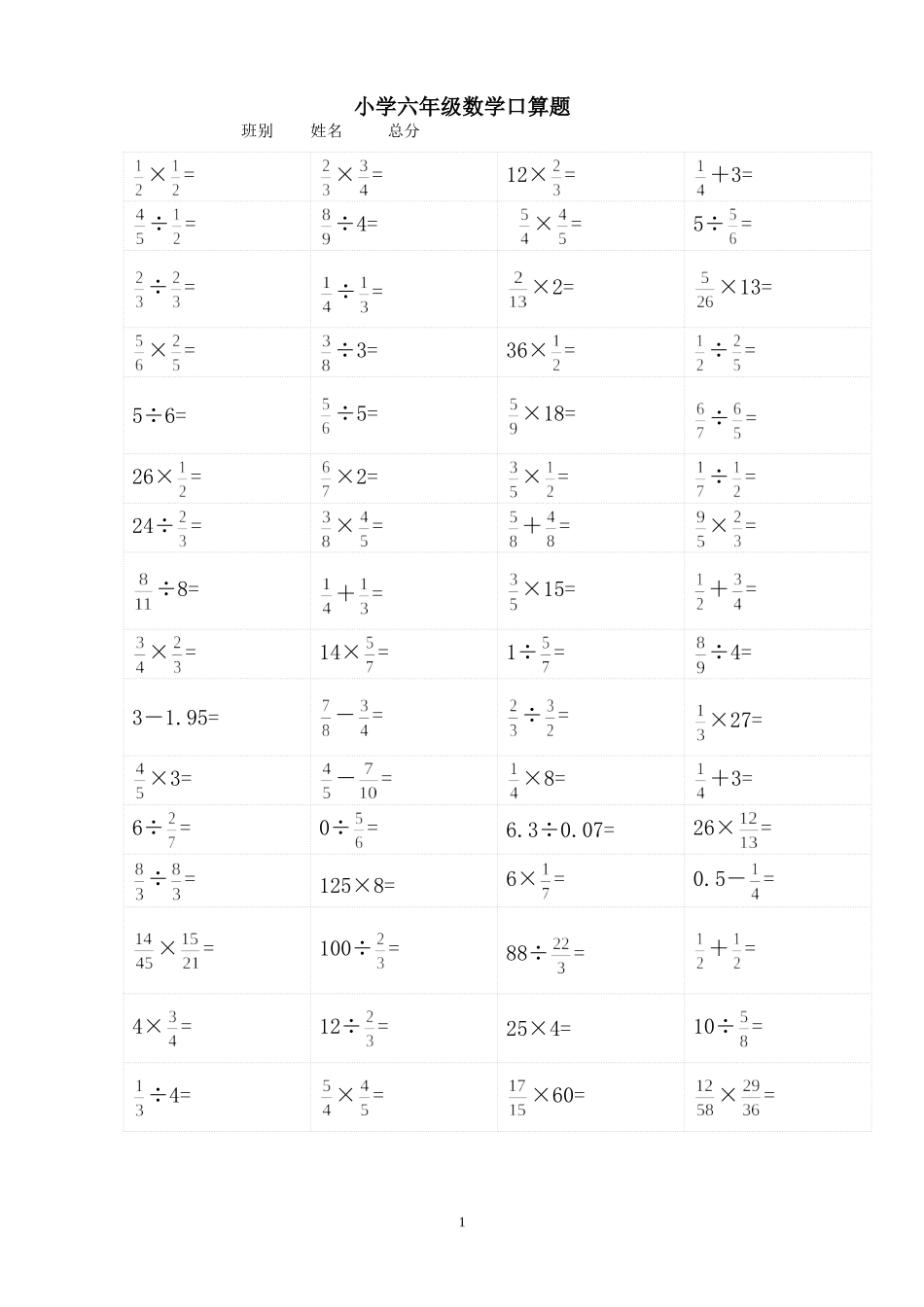 小学六年级数学口算习题_第1页