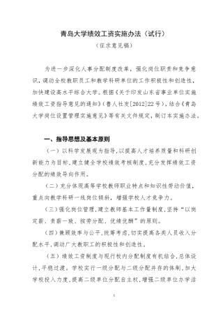 青岛大学绩效工资实施办法(试行)(征求意见稿)