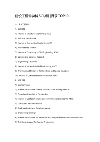 土木工程各学科SCI期刊目录TOP10