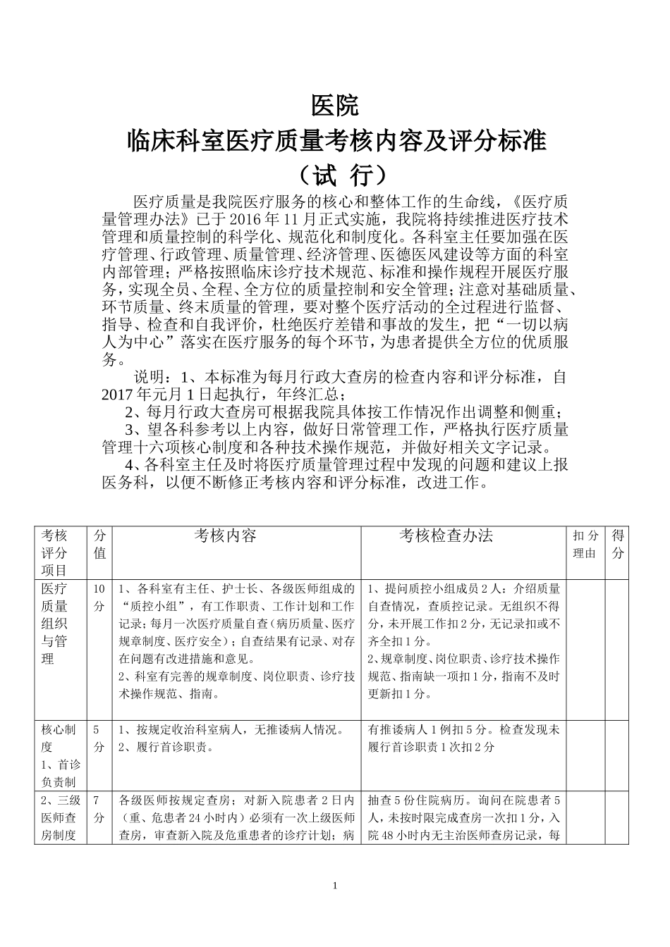医院临床科室医疗质量考核内容及评分标准_第1页