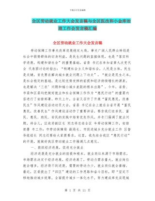 全区劳动就业工作大会发言稿与全区医改和小金库治理工作会发言稿汇编