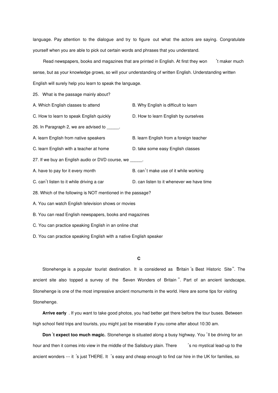 人教版高中英语必修一高高一月考试卷_第3页