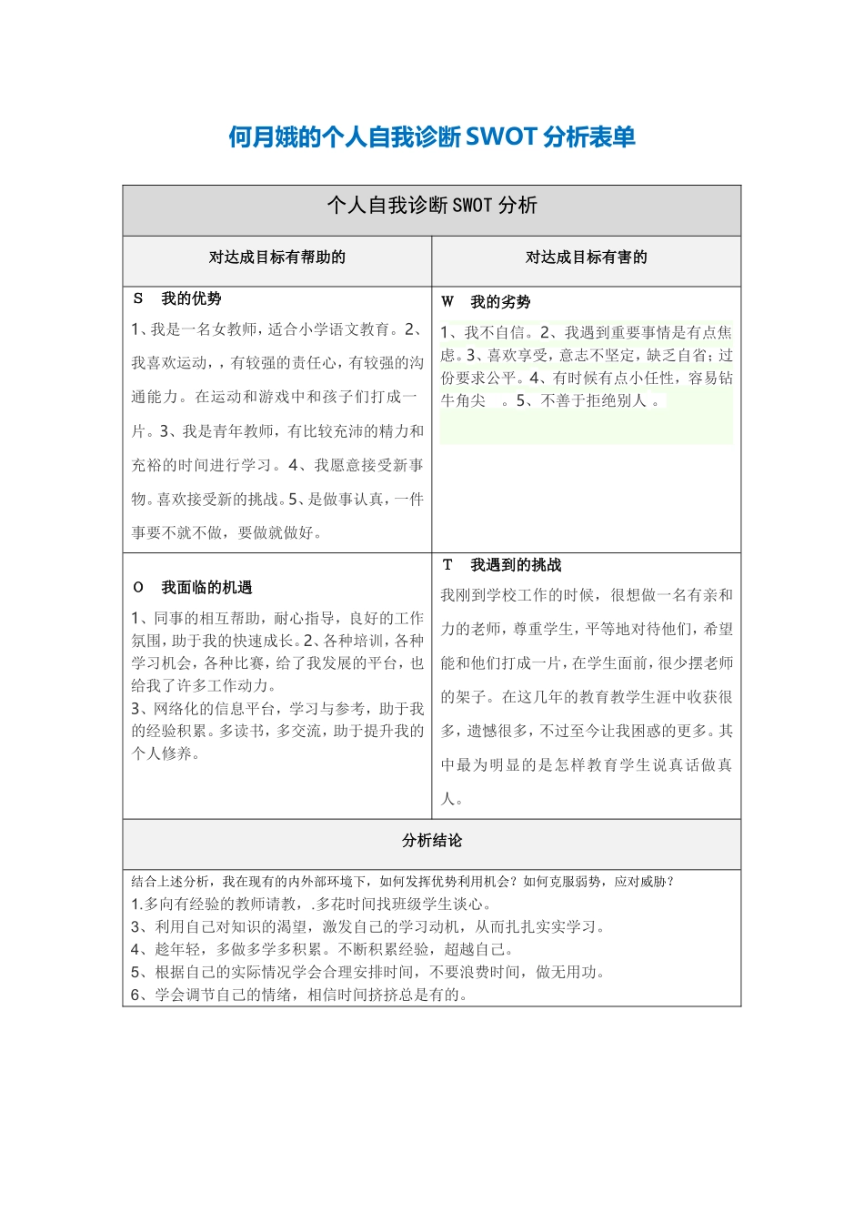 何月娥的个人自我诊断SWOT分析表_第1页
