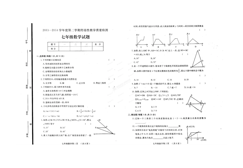 鄄城县2013-2014七年级第二学期数学期终试题及答案_第1页