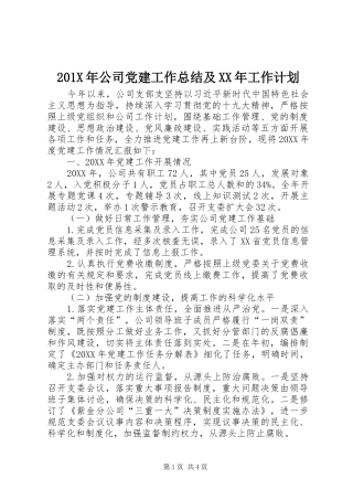 201X年公司党建工作总结及XX年工作计划