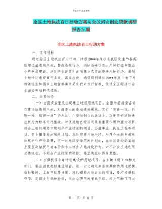 全区土地执法百日行动方案与全区妇女创业贷款调研报告汇编