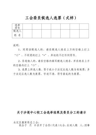 工会委员候选人选票(式样)