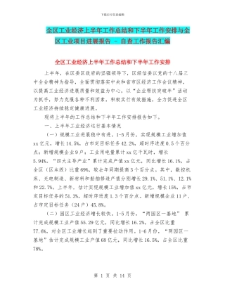 全区工业经济上半年工作总结和下半年工作安排与全区工业项目进展报告