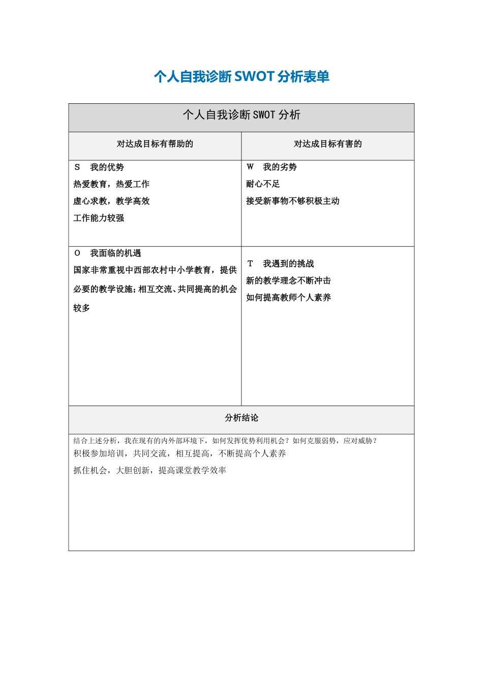 个人自我诊断SWOT分析表-(5)_第1页