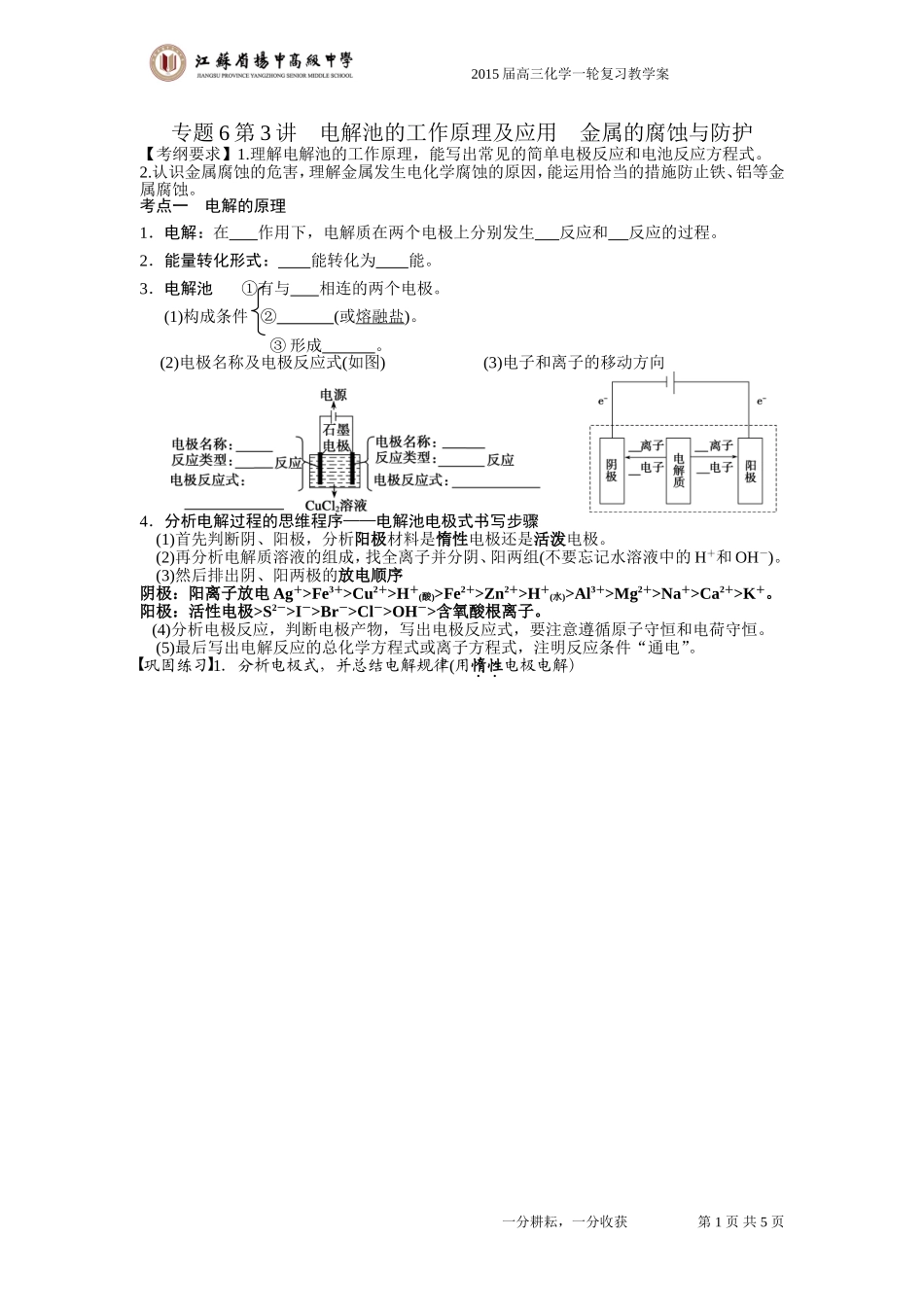 专题6第3讲电解池原理、金属腐蚀与防护_第1页