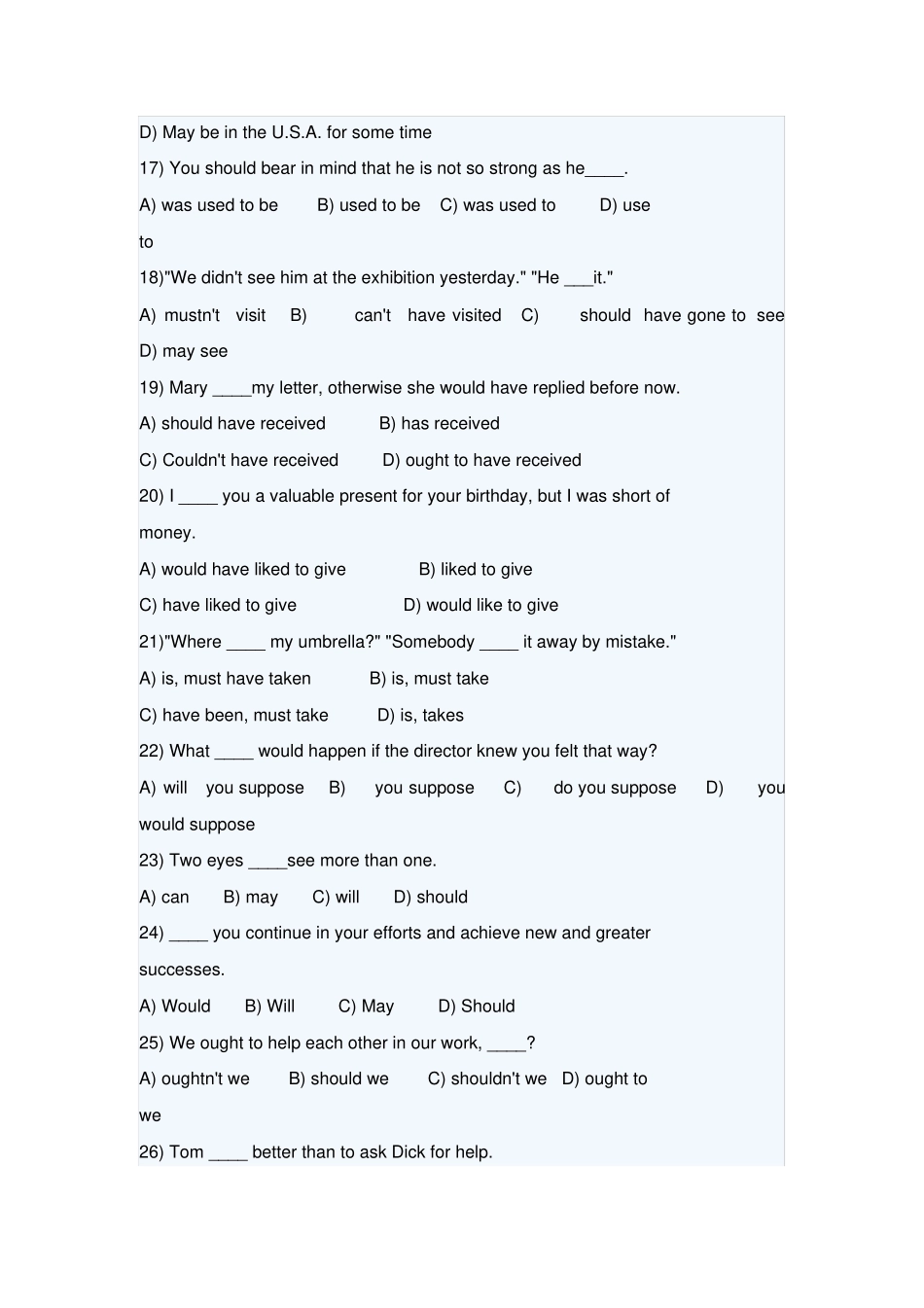 人教版高中英语必修三高一英语精选情态动词练习题_第3页