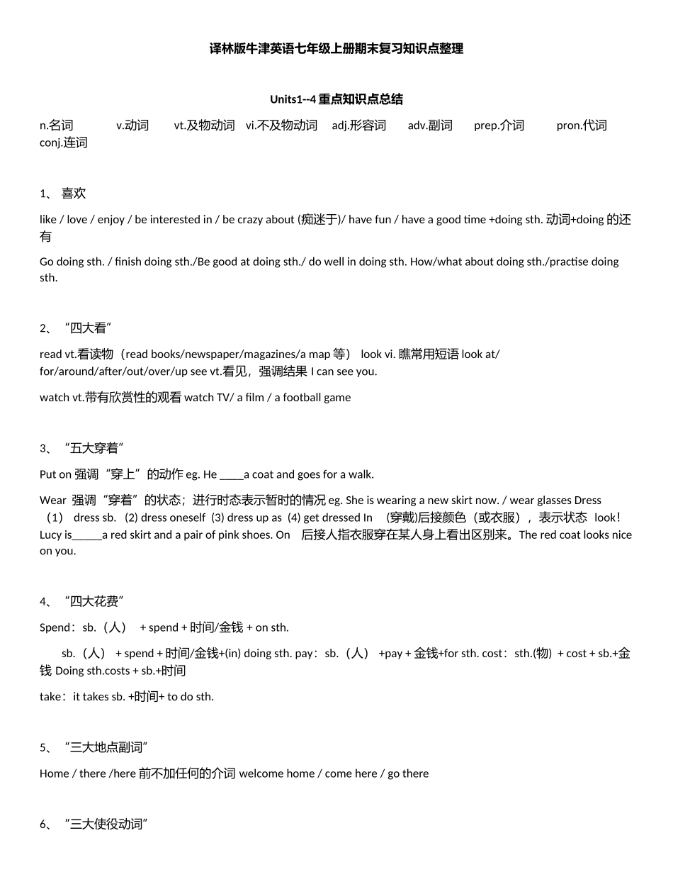 译林版牛津英语七年级上册期末复习知识点整理_第1页