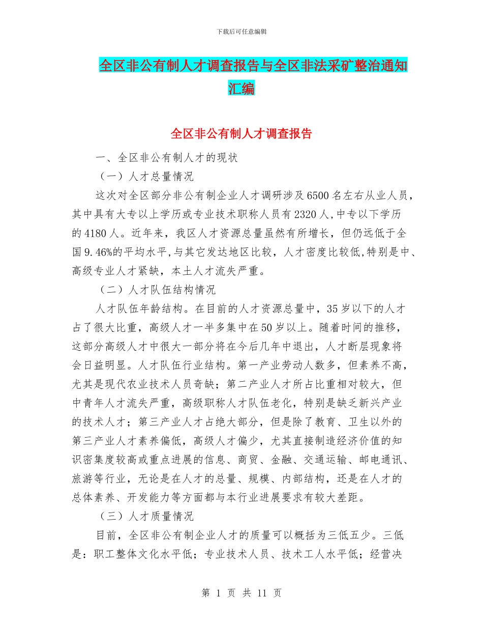 全区非公有制人才调查报告与全区非法采矿整治通知汇编_第1页