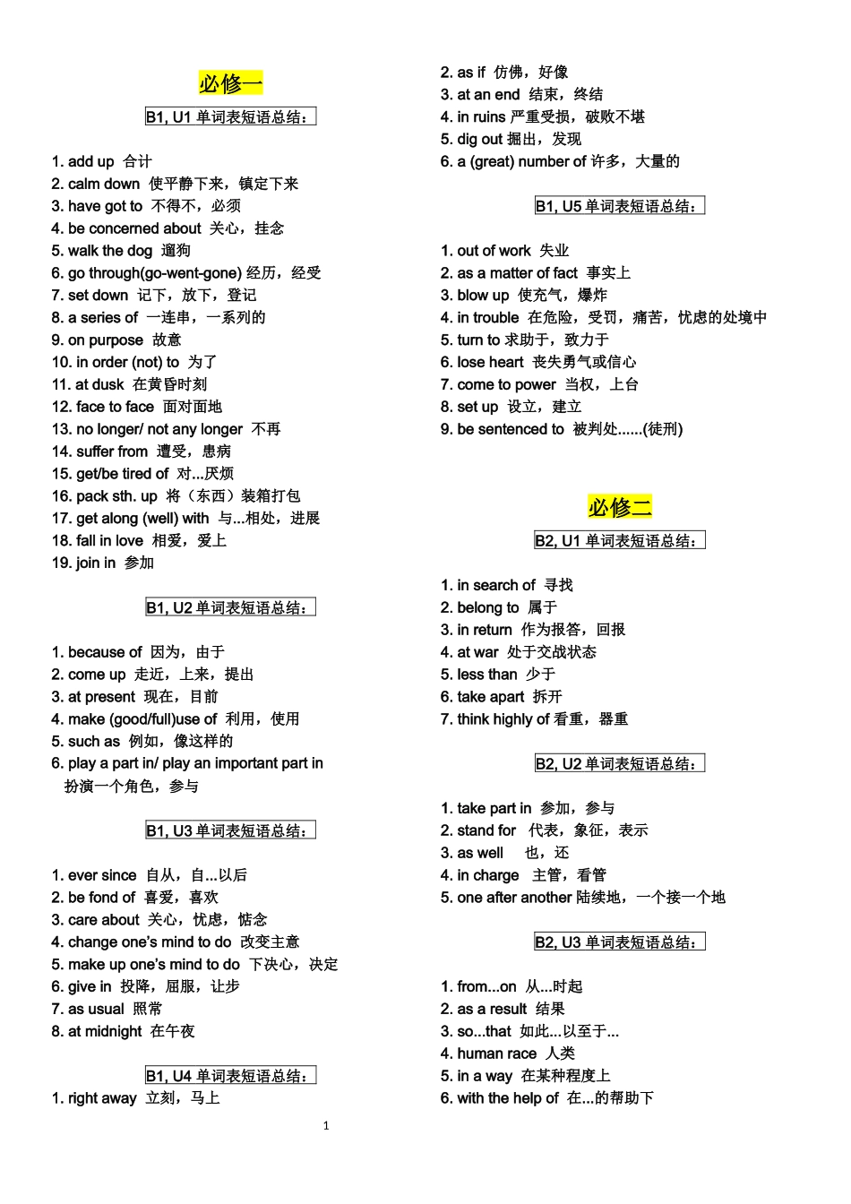 高中英语单词表黑体短语总结(B1-B7)_第1页