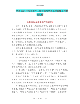 全县2024年安全生产工作计划与全县卫生监督工作要点汇编