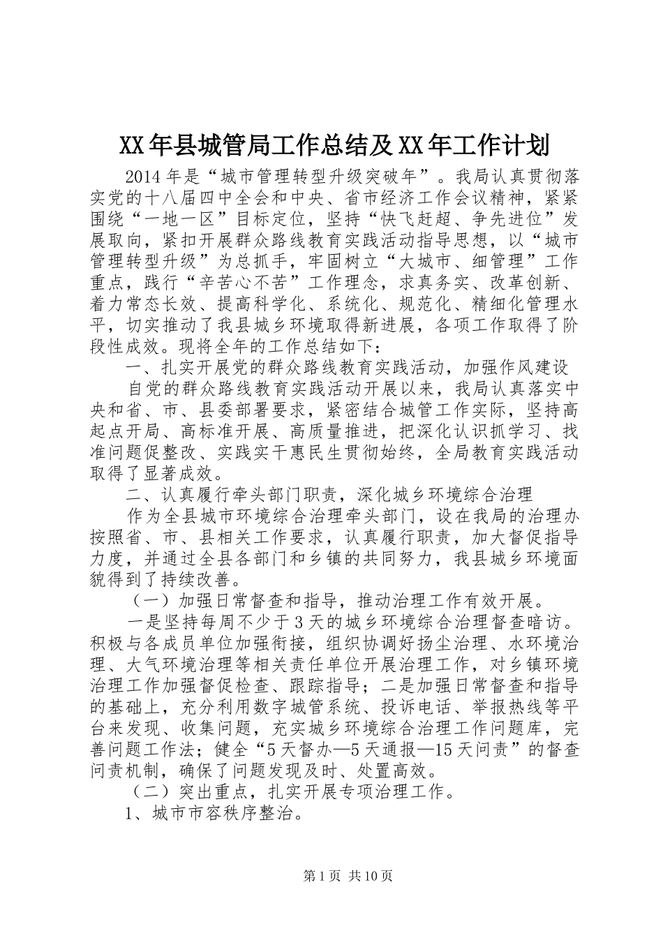 XX年县城管局工作总结及XX年工作计划 _第1页