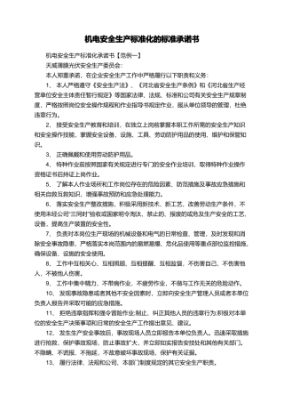 机电安全生产标准化的标准承诺书