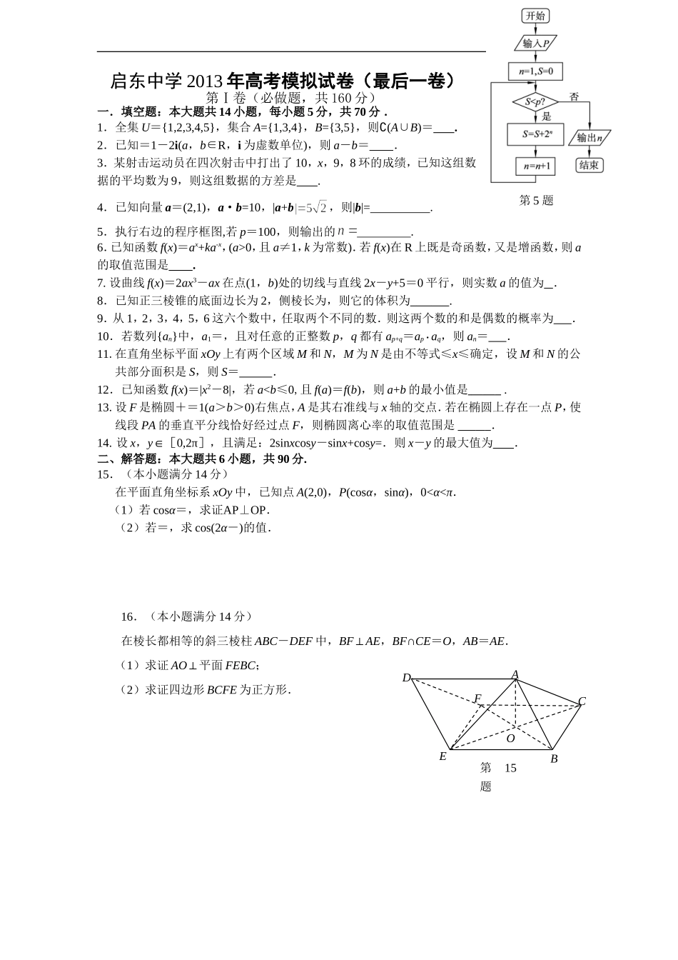 启东中学2013年高考模拟试卷（最后一卷）_第1页