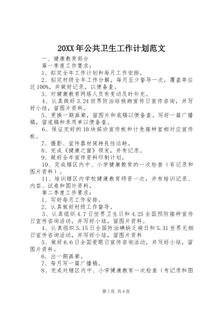 20XX年公共卫生工作计划范文