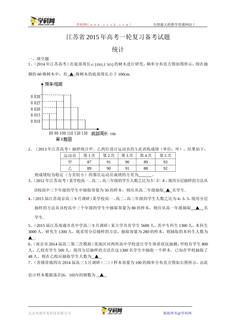 江苏省2015届高三数学一轮复习备考试题：统计_第1页