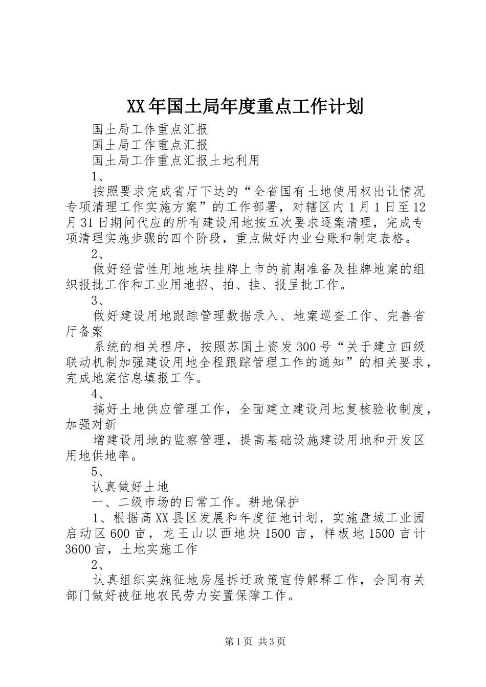 XX年国土局年度重点工作计划 _第1页