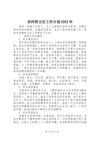 农村班主任工作计划20XX年