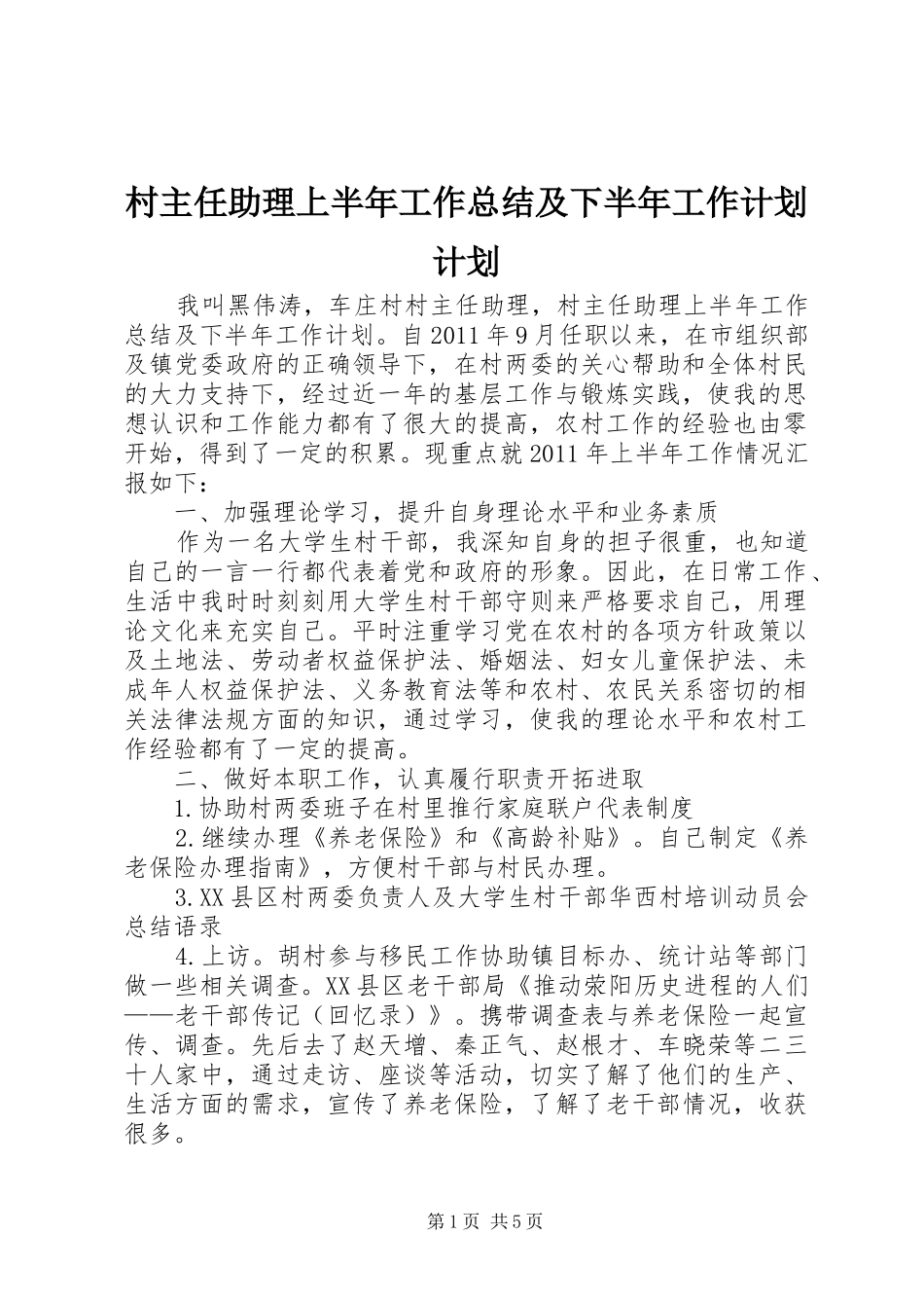 村主任助理上半年工作总结及下半年工作计划计划 _第1页