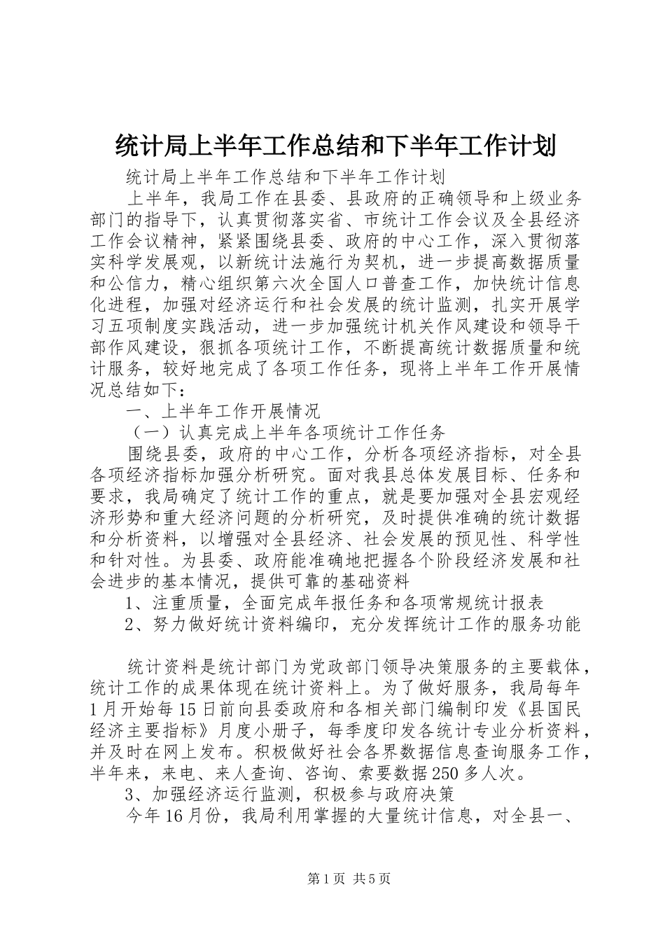 统计局上半年工作总结和下半年工作计划_1 _第1页