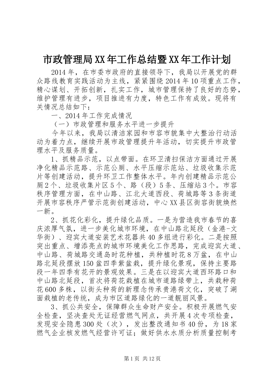 市政管理局XX年工作总结暨XX年工作计划 _第1页