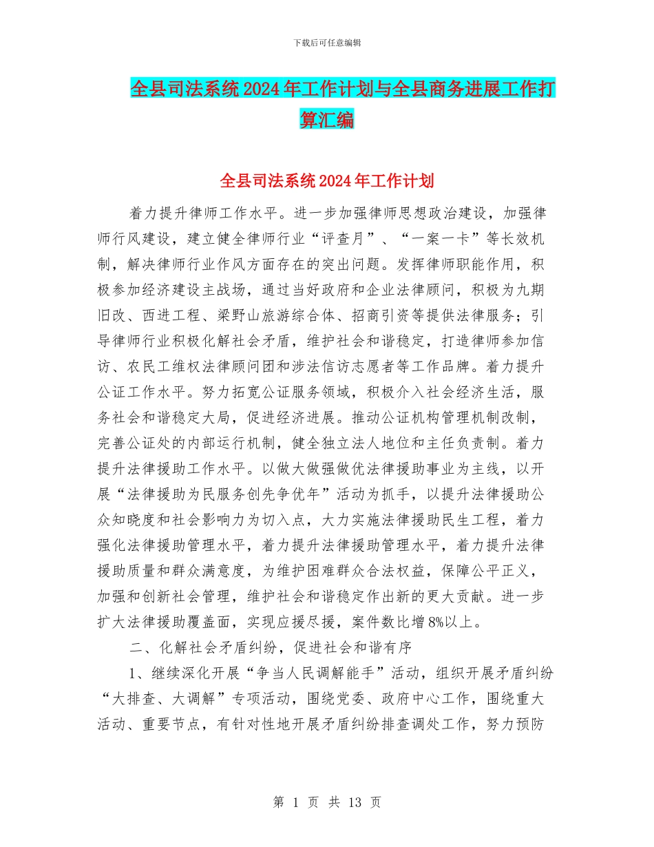 全县司法系统2024年工作计划与全县商务发展工作打算汇编_第1页