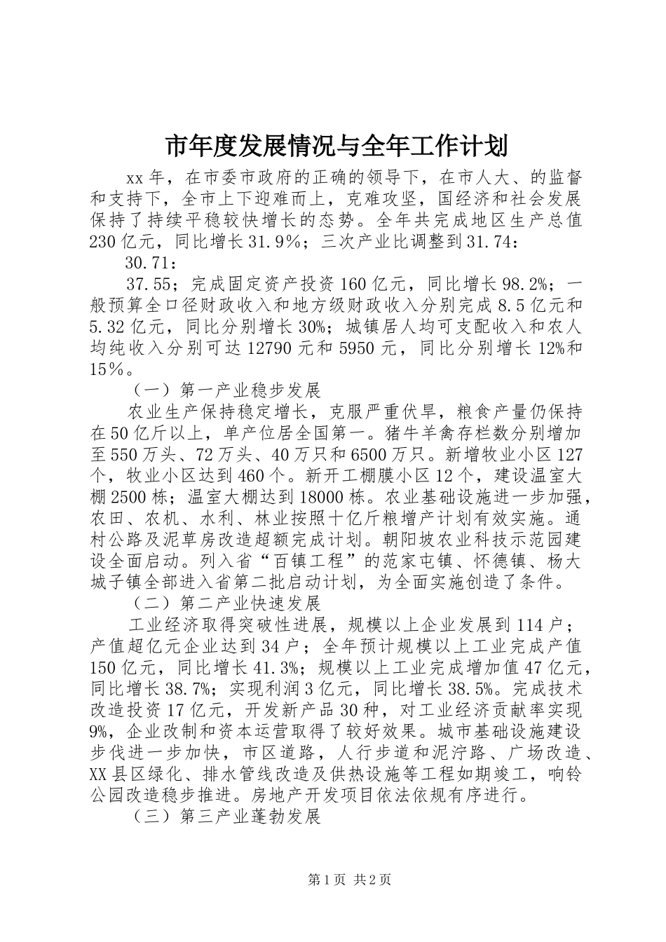 市年度发展情况与全年工作计划 _第1页