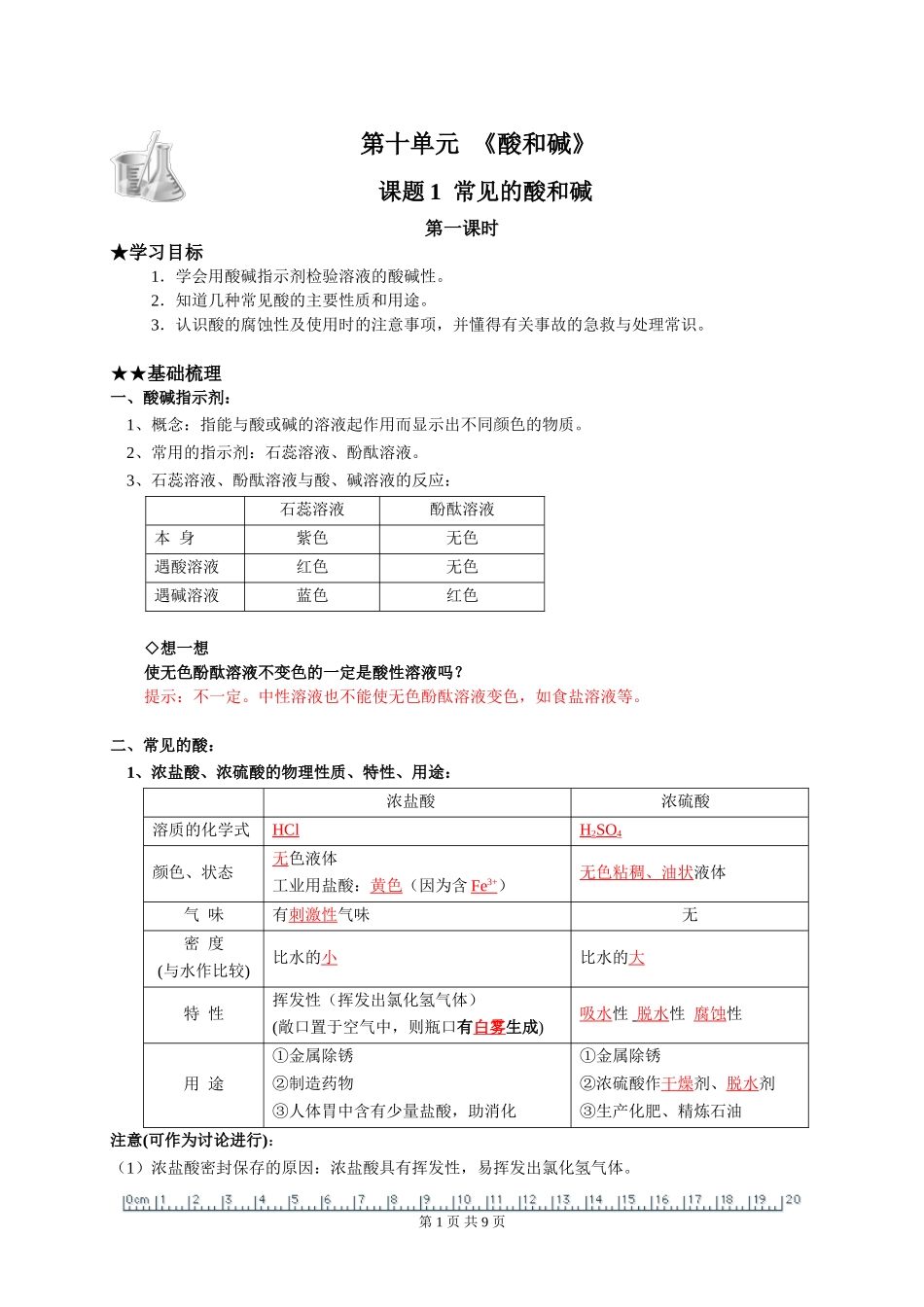 第十单元《酸和碱》课题1常见的酸和碱第一课时_第1页