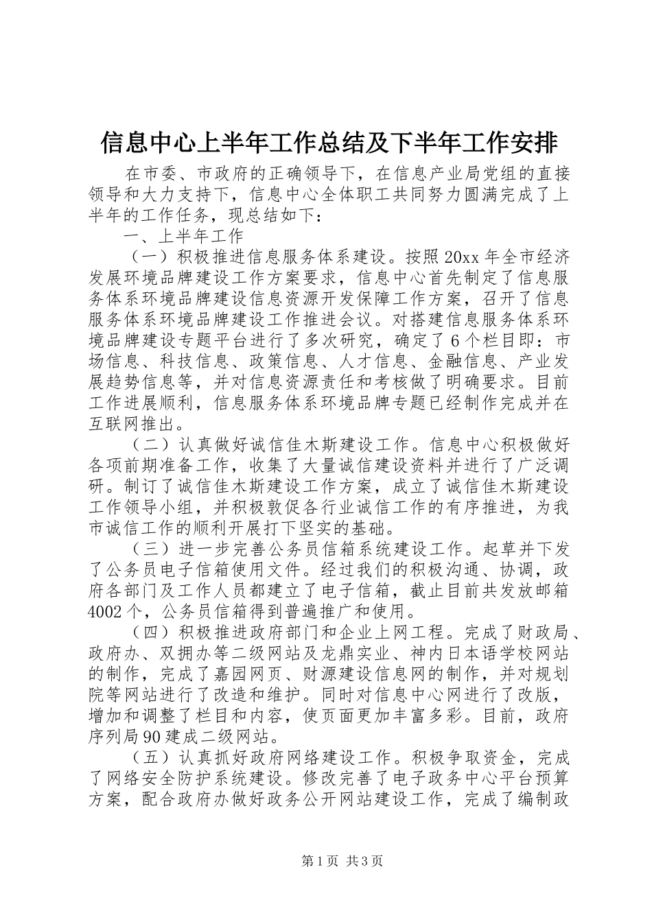 信息中心上半年工作总结及下半年工作安排 _第1页