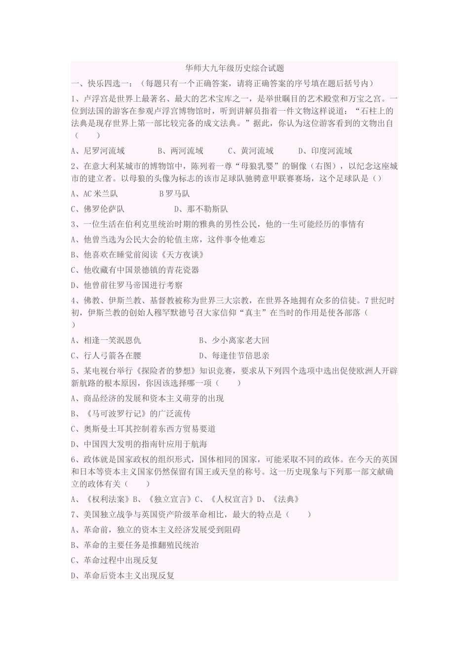 华师大九年级历史综合试题_第1页