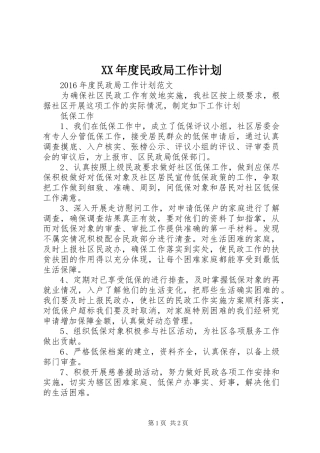 XX年度民政局工作计划 
