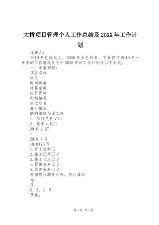 大桥项目管理个人工作总结及20XX年工作计划
