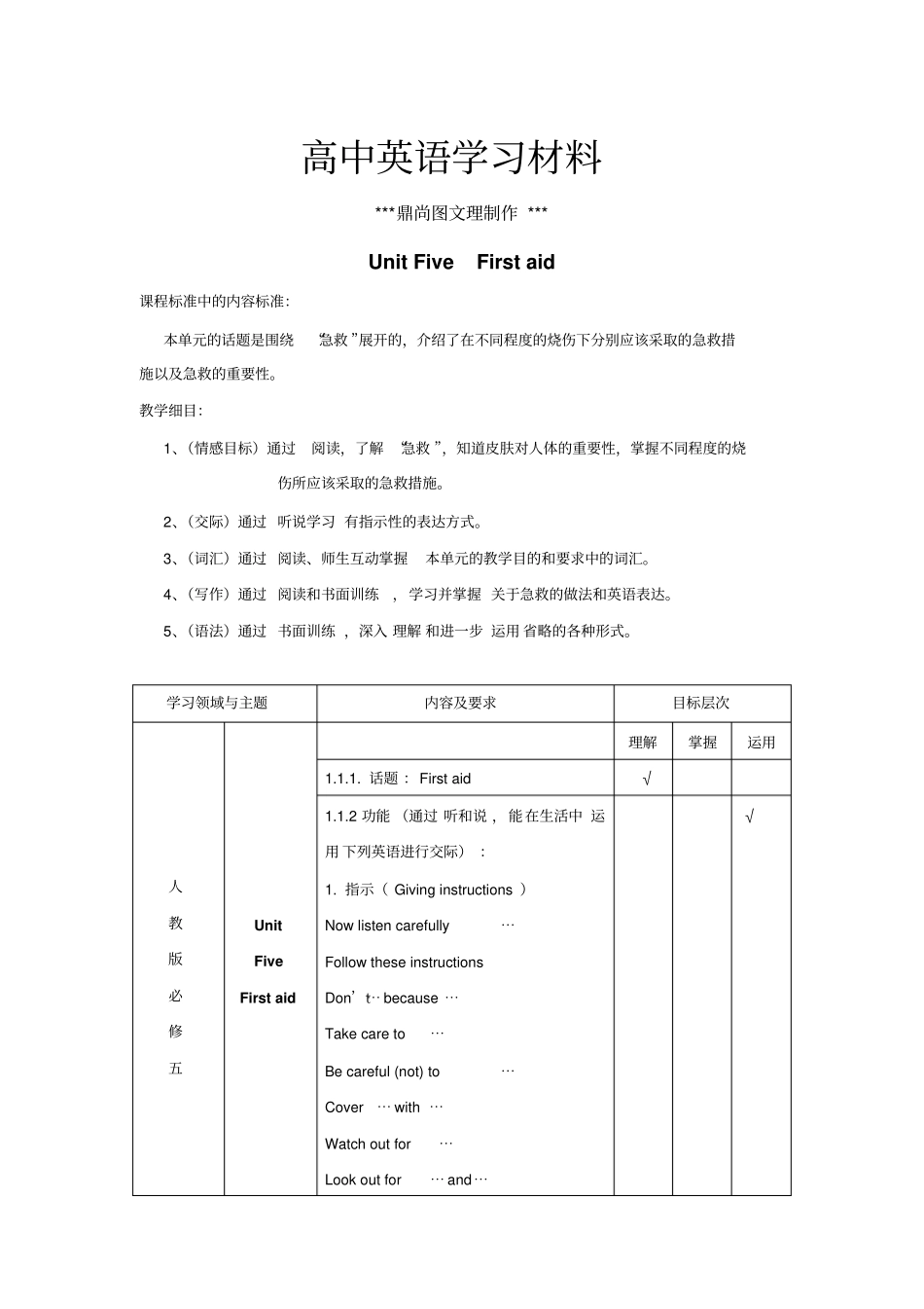 人教版高中英语必修五UnitFiveFirstaidx_第1页