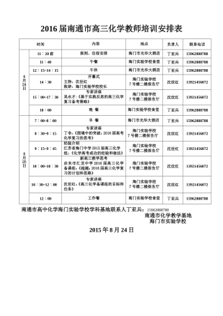 2015-8-24年南通市高三化学教师培训安排表(1)